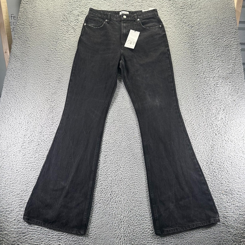 Zara Jeans Womens 8 Black Cotton Denim Flared Leg Workwear Dark Wash Outdoor